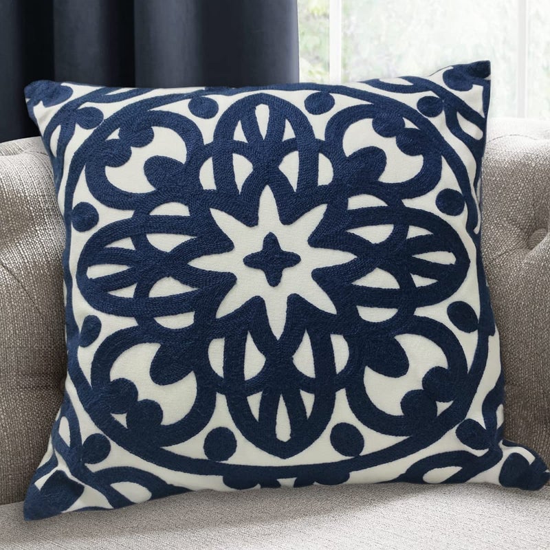 Alysheer Embroidered Decorative Throw Pillow Cover 18x18 inch Cozy Warm Boho Mandala Chic Knit Pattern Durable 100 Cotton Canvas Cushion Case for Sofa Couch Living Room Bedroom Gifts Navy Blue