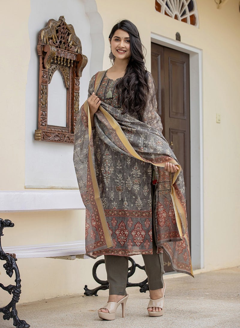 Swadesh Souq Grey-Green Chanderi Digital Printed Kurta Pant Set with Dupatta - Image 1