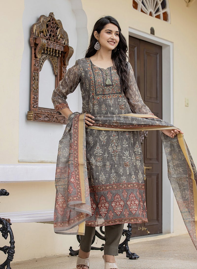 Swadesh Souq Grey-Green Chanderi Digital Printed Kurta Pant Set with Dupatta - Image 5