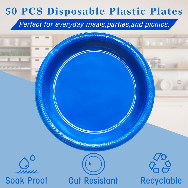 BONSINY 50 Pcs Blue plates 10 Inch Plastic Plates Disposable - Blue Plastic Plates for Party Birthday Patriotic Day Graduation Party - Image 1