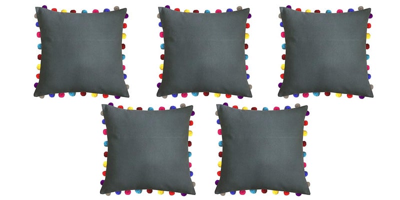 Lushomes Cushion Cover 24x24 Boho Cushion Covers Sofa Pillow Cover Cushion Covers with Tassels Cushion Cover with pom pom 24x24 Inches Set of 5 Grey - Image 1