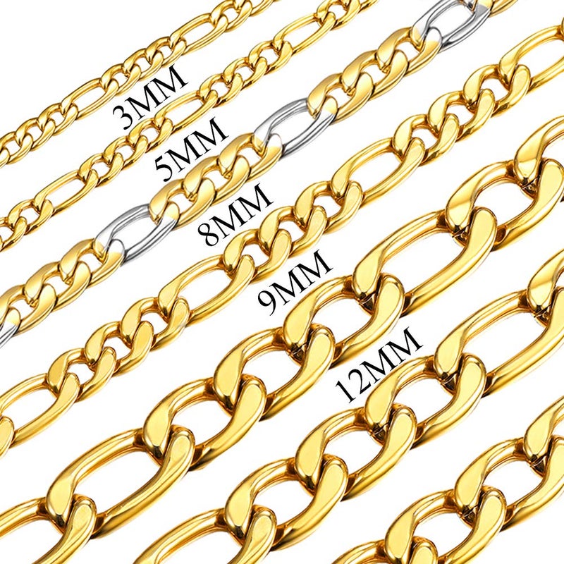 U7 سلسلة فيغارو 5 مم للرجال مجوهرات الموضة مصنوعة من الفولاذ المقاوم للصدأ مطلية بالذهب عيار 18 مجموعة سوار وقلادة (8.3 بوصة، 20 بوصة) - Image 4