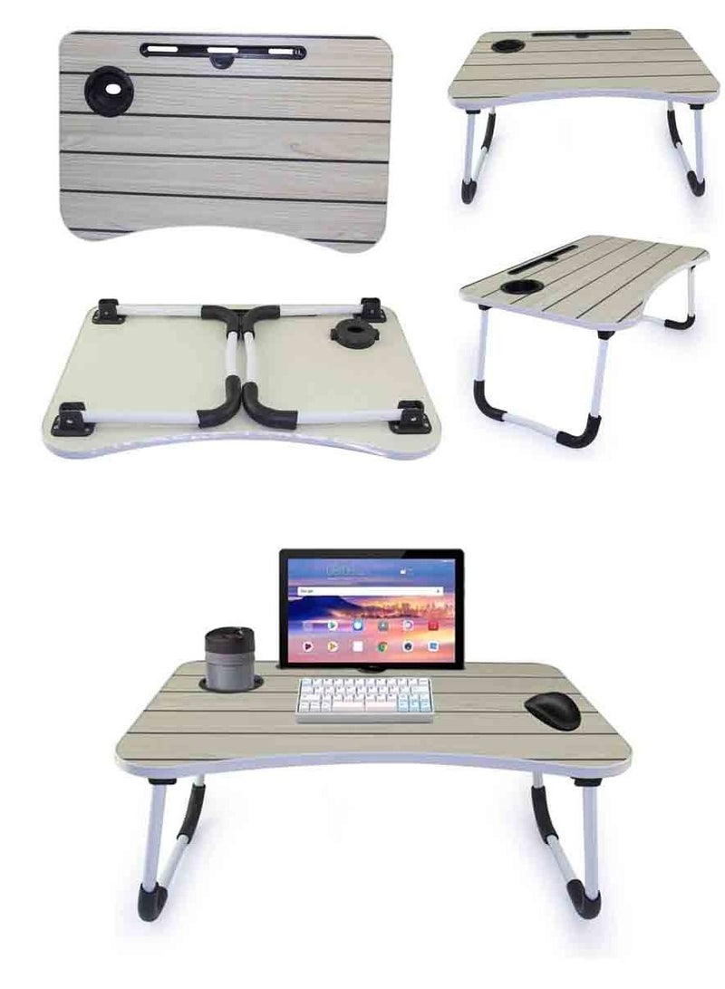 Black Lines Portable Folding Laptop Table Beige With Cup Holder And Brown iPad - Image 1