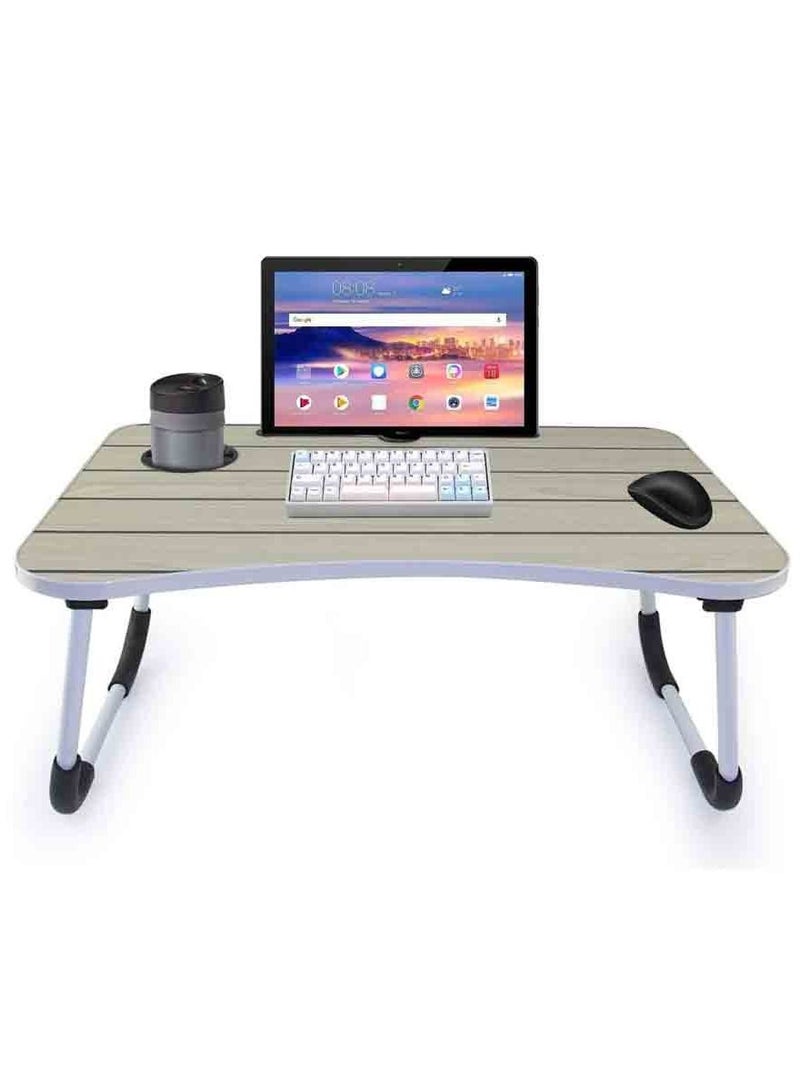 Black Lines Portable Folding Laptop Table Beige With Cup Holder And Brown iPad - Image 2