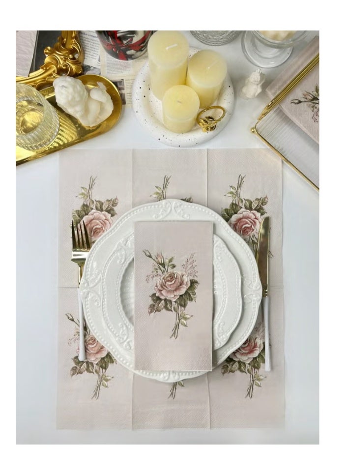 20pcs Retro Rose Flower Pattern Napkins For Wedding, Birthday, Tea Party Decoration, 15.7x13inch, Dining Table Accessory For Restaurant & Hotel - Image 1