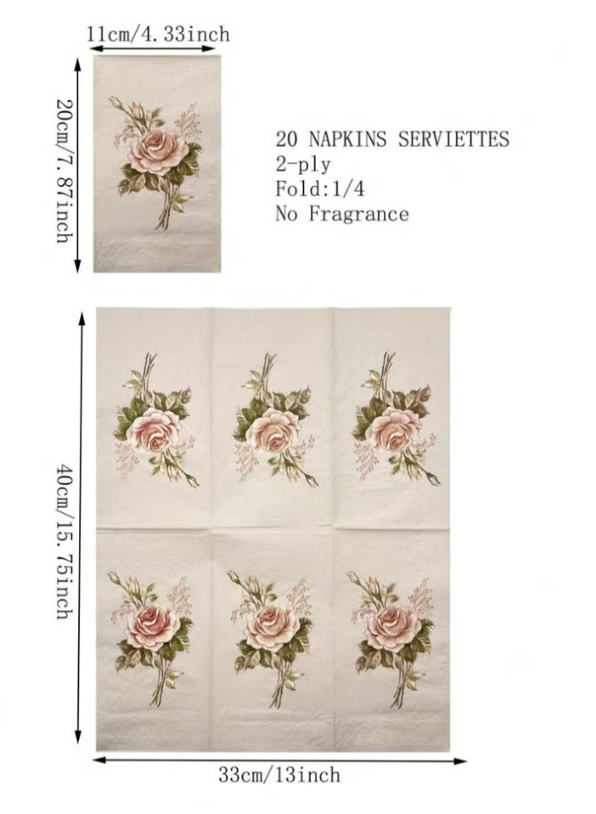 20pcs Retro Rose Flower Pattern Napkins For Wedding, Birthday, Tea Party Decoration, 15.7x13inch, Dining Table Accessory For Restaurant & Hotel - Image 2