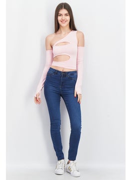 Don't Call Me Jennyfer Women Asymmetrical Neck Cold Shoulder Plain Cut Out Top, Pink  - Image 3