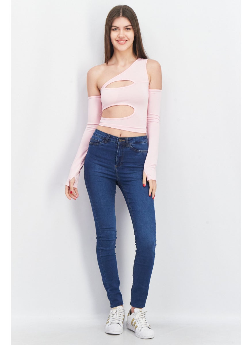 Don't Call Me Jennyfer - Women Asymmetrical Neck Cold Shoulder Plain Cut Out Top, Pink - Image 1
