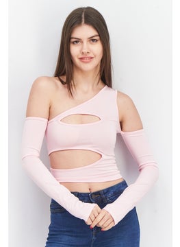 Don't Call Me Jennyfer Women Asymmetrical Neck Cold Shoulder Plain Cut Out Top, Pink  - Image 1