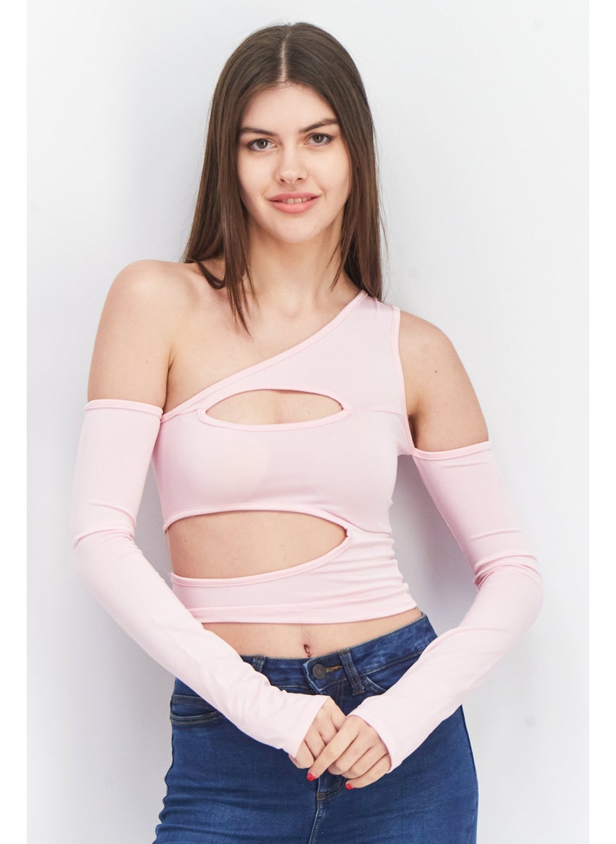 Don't Call Me Jennyfer - Women Asymmetrical Neck Cold Shoulder Plain Cut Out Top, Pink - Image 1