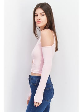 Don't Call Me Jennyfer Women Asymmetrical Neck Cold Shoulder Plain Cut Out Top, Pink  - Image 2