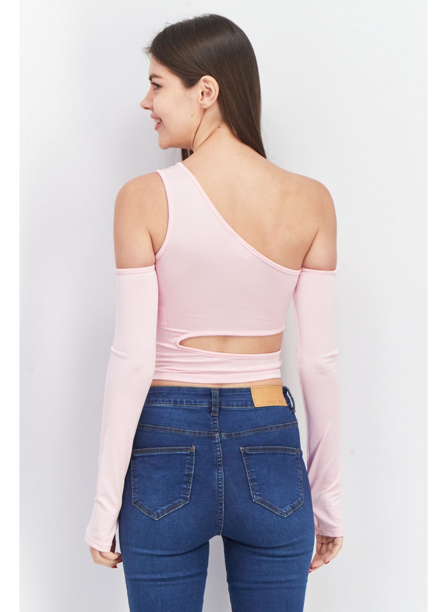 Don't Call Me Jennyfer - Women Asymmetrical Neck Cold Shoulder Plain Cut Out Top, Pink - Image 1