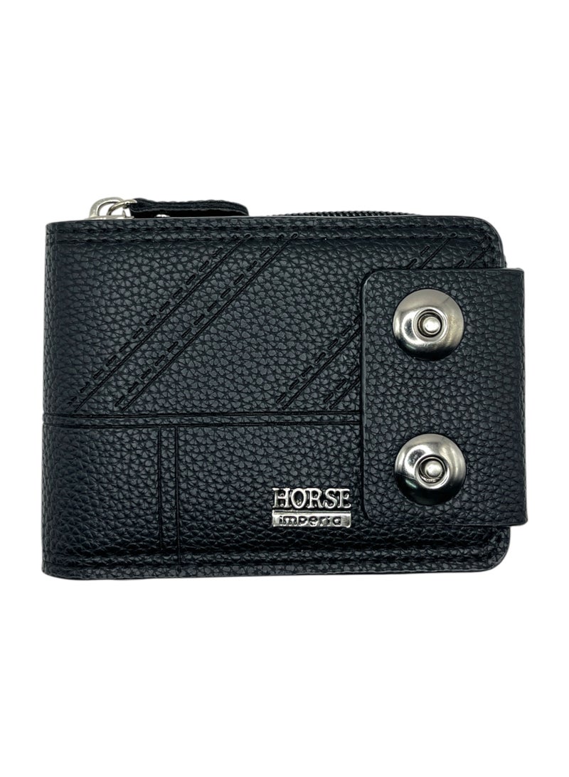 MARIO DRAFTS Horse Imperio PU Leather Wallet, Textured Design, Metal Snap Closure, Compact Size, Fashion (BLACK) - Image 1
