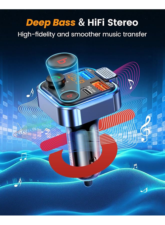 Lencent Car Fm Transmitter, Wireless Bluetooth 5.3 Radio Adapter Car Kit, Pd3.0 Type C 20W+Qc3.0 Car Fast Charger, Hands Free Calling, Bass Lossless Hi-Fi Sound Support U Disk - Image 3