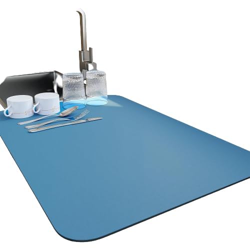 Hidak HotLive Dish Drying Mat for Kitchen Counter Heat Resistant Drainer Mats with Non slip Rubber Backed Hide Stain Kitchen Absorbent Draining Mat Easy to Clean Dish Rack Pad Dark Blue 60 x 40 Cm - Image 1