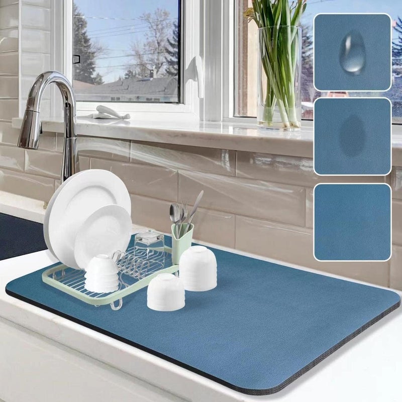 Hidak HotLive Dish Drying Mat for Kitchen Counter Heat Resistant Drainer Mats with Non slip Rubber Backed Hide Stain Kitchen Absorbent Draining Mat Easy to Clean Dish Rack Pad Dark Blue 60 x 40 Cm - Image 4