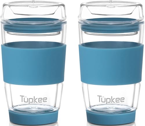 Tupkee Double Wall Glass Tumbler  8Ounce All Glass Hand Blown Reusable Insulated TeaCoffee Mug  Lid Travel Mug  Niagara  2 Pack