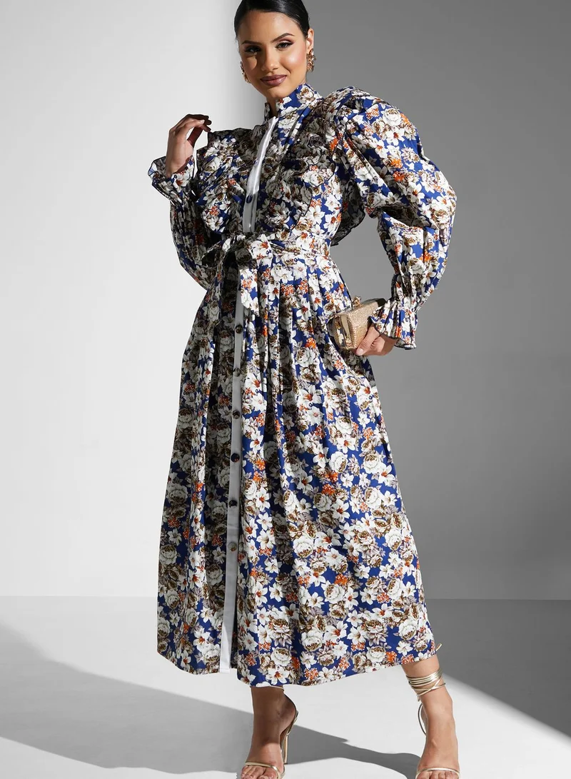 Golden Apple Floral Ruffle Button Detail Dress