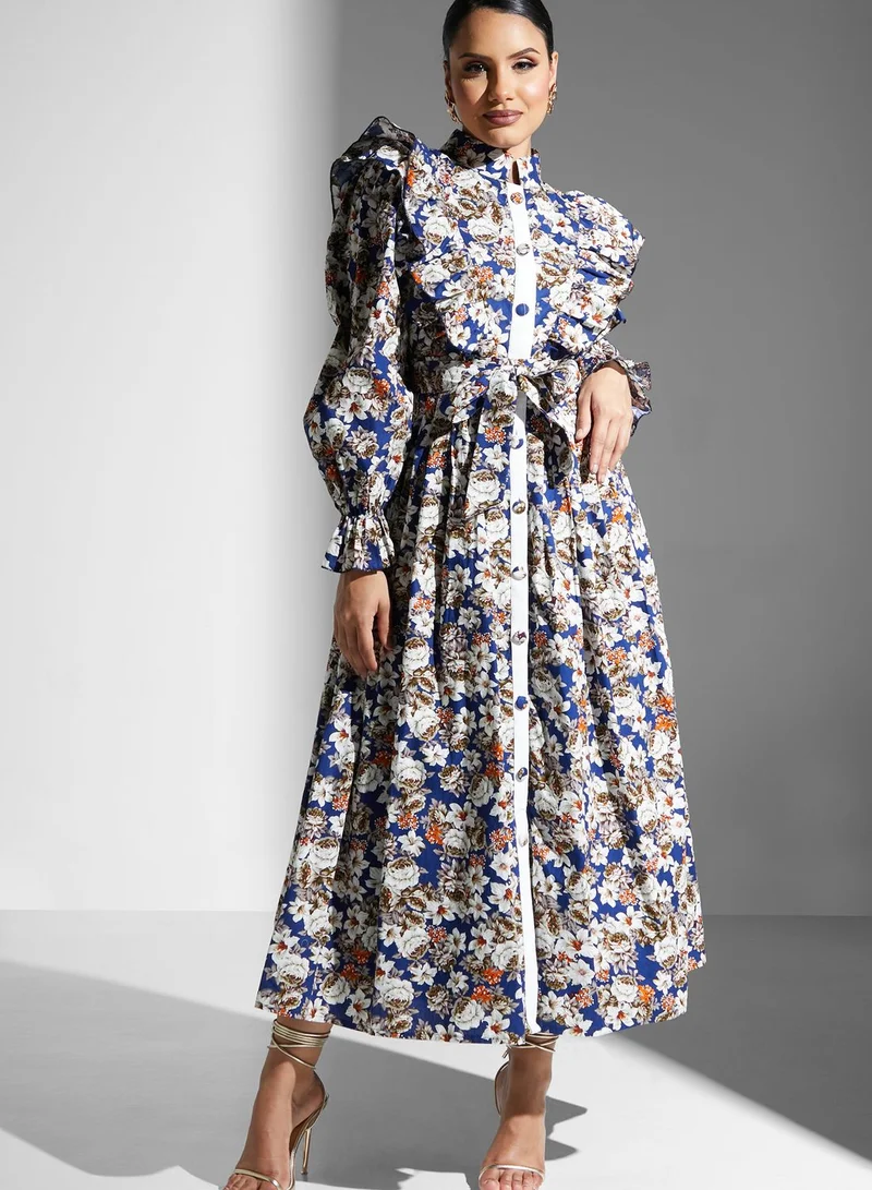 Golden Apple Floral Ruffle Button Detail Dress