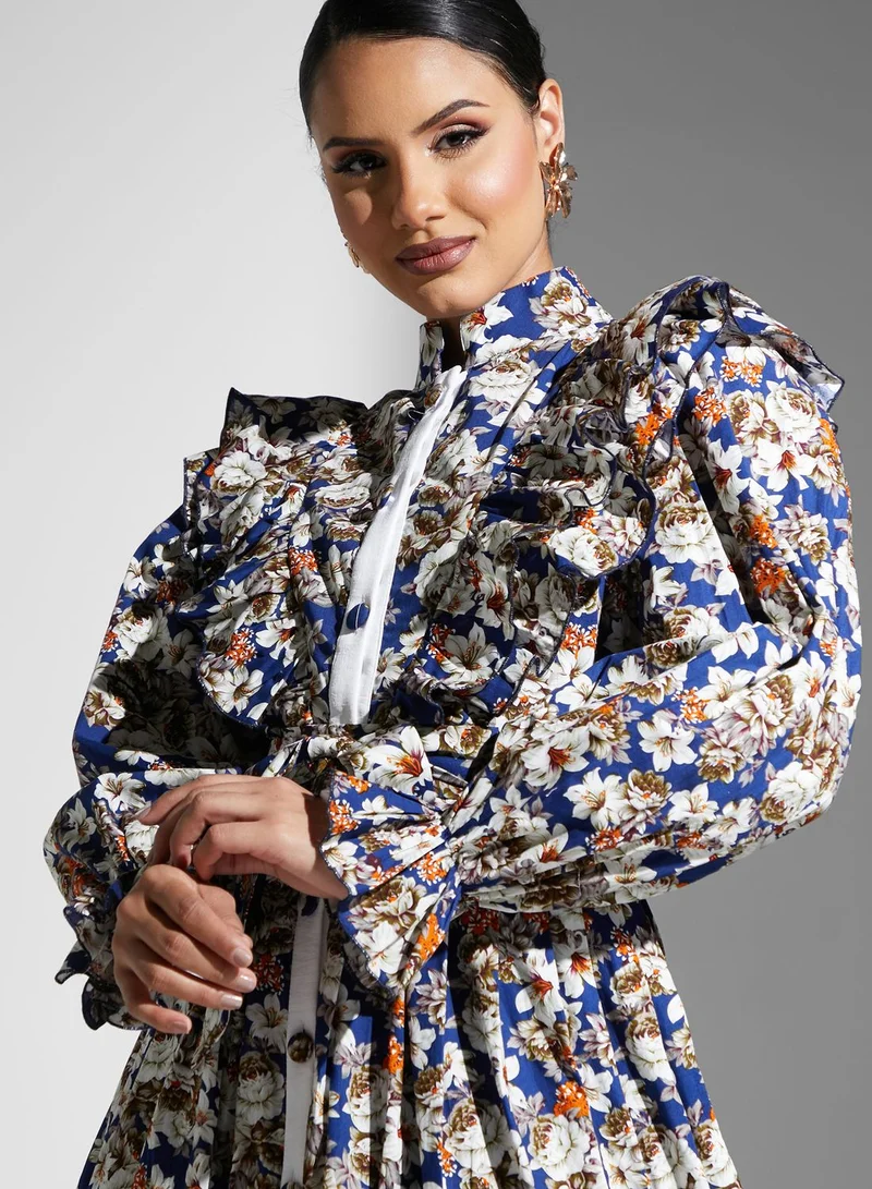 Golden Apple Floral Ruffle Button Detail Dress