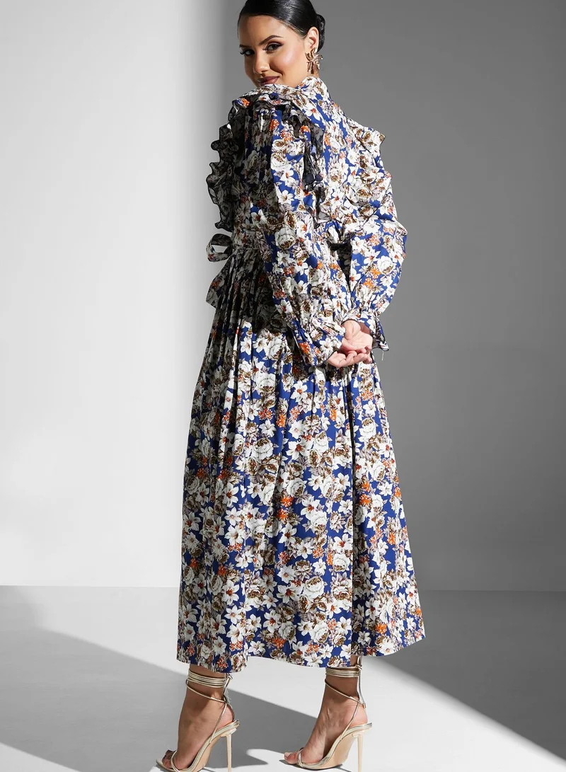 Golden Apple Floral Ruffle Button Detail Dress