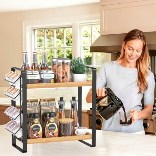 LEMIKKLE Coffee Station Organizer for Counter,Condiment Storage Caddy for Kitchen,2 Tier Wooden Shelf for Coffee Bar Accessories,Coffee Bar Organizer for Kitchen, Home, Office-Brown - Image 2