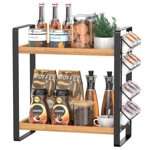 LEMIKKLE Coffee Station Organizer for Counter,Condiment Storage Caddy for Kitchen,2 Tier Wooden Shelf for Coffee Bar Accessories,Coffee Bar Organizer for Kitchen, Home, Office-Brown - Image 1