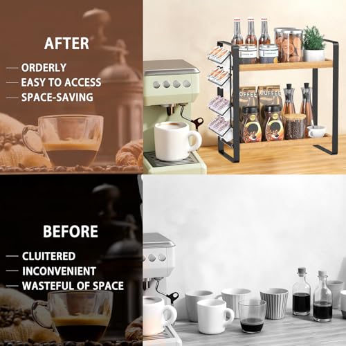LEMIKKLE Coffee Station Organizer for Counter,Condiment Storage Caddy for Kitchen,2 Tier Wooden Shelf for Coffee Bar Accessories,Coffee Bar Organizer for Kitchen, Home, Office-Brown - Image 5