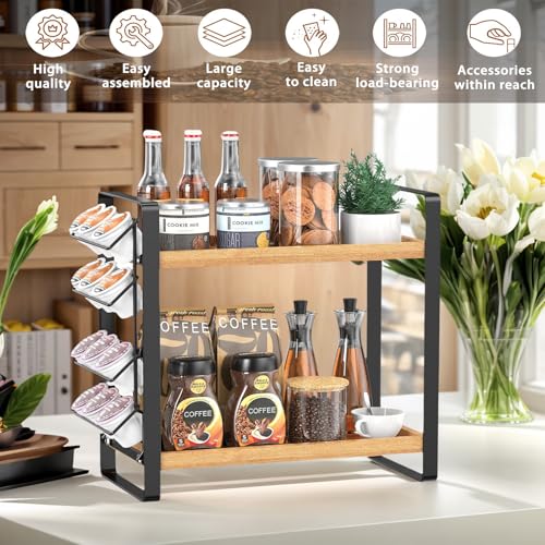 LEMIKKLE Coffee Station Organizer for Counter,Condiment Storage Caddy for Kitchen,2 Tier Wooden Shelf for Coffee Bar Accessories,Coffee Bar Organizer for Kitchen, Home, Office-Brown - Image 4