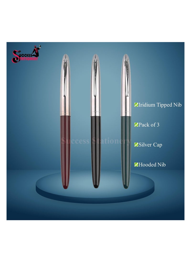 Success Stationery Success Stationery Hero Pen Original Fountain Ink Pen Smooth Iridium Tip Nib Refillable Gold Arrow Pattern Model 329 Silver Trim Cap Black Green Maroon - Pack of 3  - Image 3