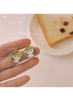 Chic Sweet Oil Painting Cat Cap Earrings 925 Silver 1621