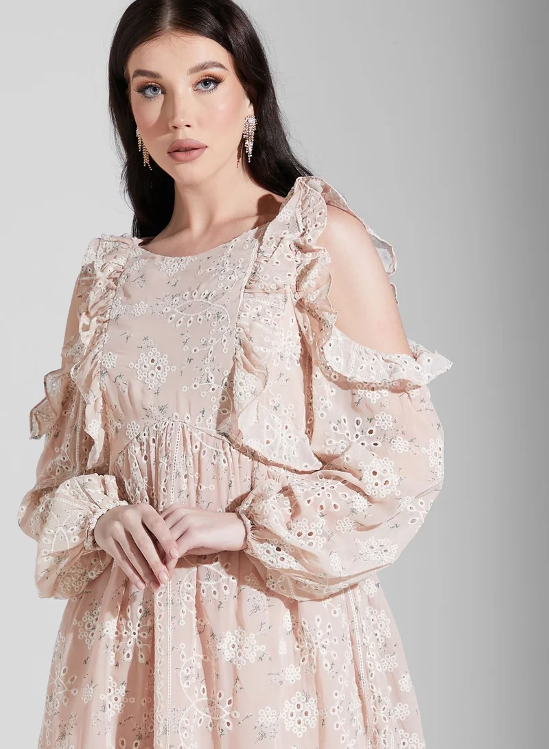True Decadence Cold Shoulder Broderie Ruffle Maxi Dress