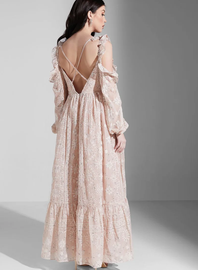 True Decadence Cold Shoulder Broderie Ruffle Maxi Dress