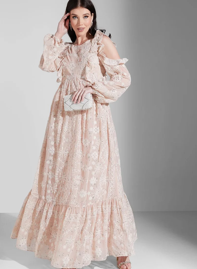 True Decadence Cold Shoulder Broderie Ruffle Maxi Dress