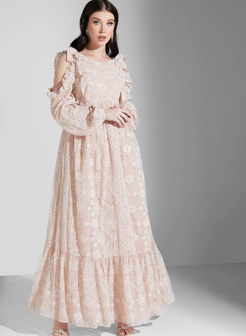 True Decadence Cold Shoulder Broderie Ruffle Maxi Dress