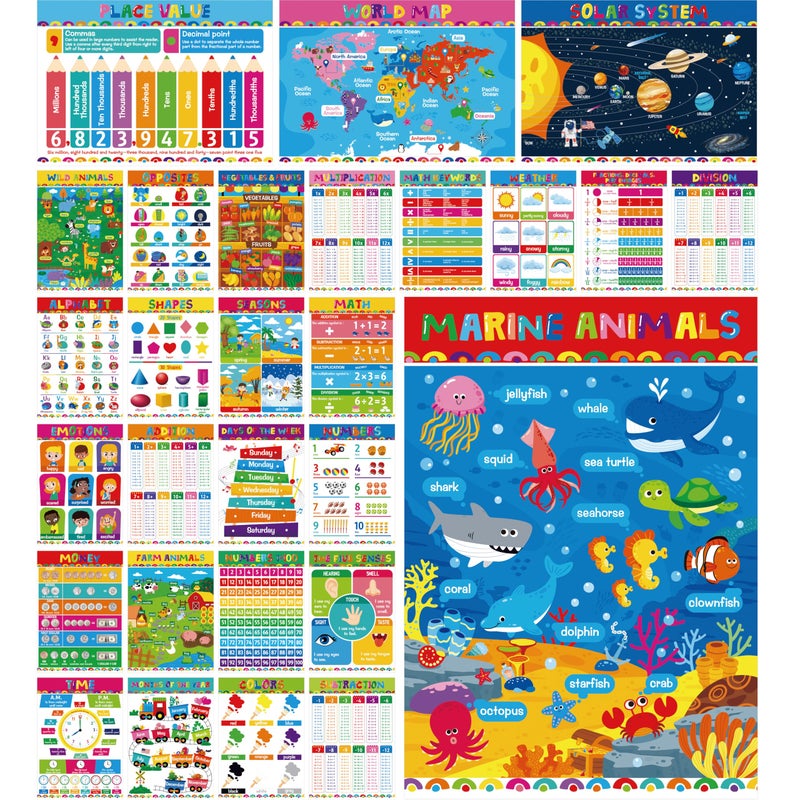 Gethelud 28 Educational Posters for Kids, All-in-One Set Learning Posters-Alphabet, Animals, Multiplication Chart, USA, World Map, Shapes, PET Film Coated School Supplies For Kindergarten, Preschool, Classroom - Image 1