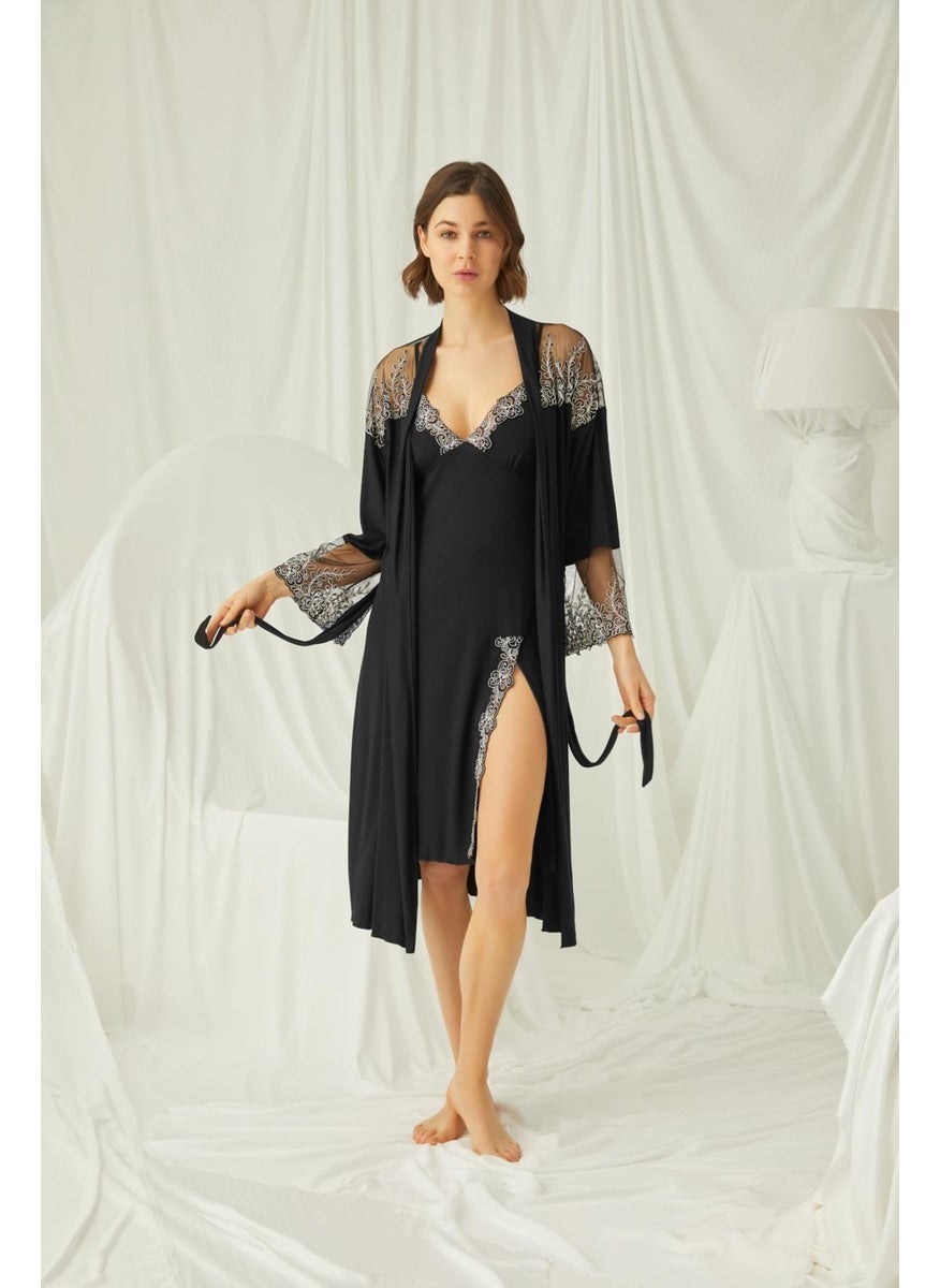 Women's Low-Cut Slit Embroidered Lace Dressing Gown Set - pzsku/Z5B4560843D40315A1926Z/45/_/1740068104/a1c08502-3f7e-40cc-a457-cc4a0014b627