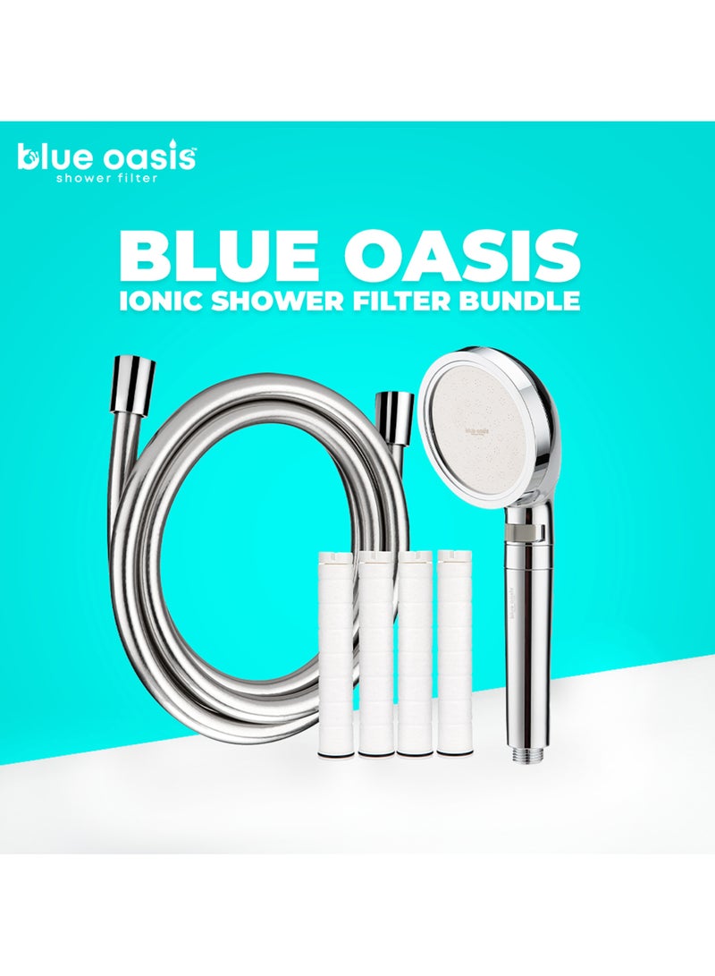  بلو أواسيس مجموعة فلتر الدش الأيوني بلو أواسيس | فلتر فردي فضي أسطواني و٤ خراطيش فلتر مزدوجة مع خرطوم دش ٢ متر | تم اختباره بواسطة تي يو في  | مجموعة دش فلتر مياه مثالية للبشرة والشعر الأكثر صحة - Image 2