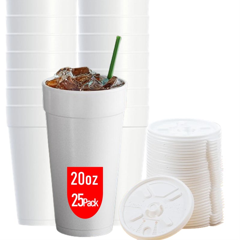 Mr. Miracle 20 OZ Foam Cups With Lids for Hot & Cold Drinks, USA-Made 25-Pack. Ideal Styrofoam Coffee Cups, Insulating To-Go Cups for Soda, Tea, Juice - Sturdy, Disposable & comparable to Industry standard 20J20 - Image 1