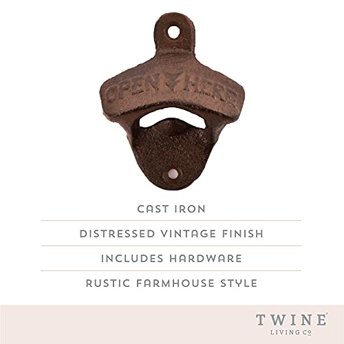 Twine Wall Mounted Bottle Opener with Open Here Slogan and Distressed Finish - Iron Bottle Opener, Brown, Set of 1 - Image 2