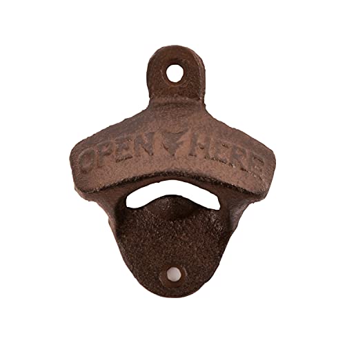 Twine Wall Mounted Bottle Opener with Open Here Slogan and Distressed Finish - Iron Bottle Opener, Brown, Set of 1 - Image 1