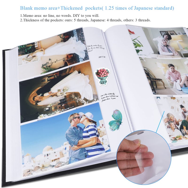 1DOT2 Luxury Fabric Photo Album 4x6 With Writing Space Acid Free Pockets Holds 300 Photos with Memo  3 Per Pages Photobook Album for Wedding Vacation Family Black - Image 3