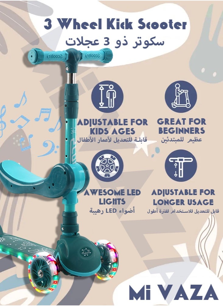 مي فازا سكوتر للأطفال بثلاث عجلات مع عجلات LED مضيئة للأطفال الصغار من البنات والأولاد، 4 مقاعد قابلة للتعديل الارتفاع وقابلة للطي، قابلة للتوجيه، سطح عريض جدًا، عجلات مضيئة للأطفال من عمر 3 إلى 14 عامًا  - Image 1