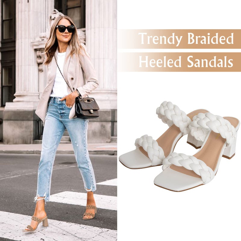 Athlefit Women's Braided Heels Square Toe Strappy Braided Sandals Slides Slip On Woven Block White Heels Size 8 - Image 2