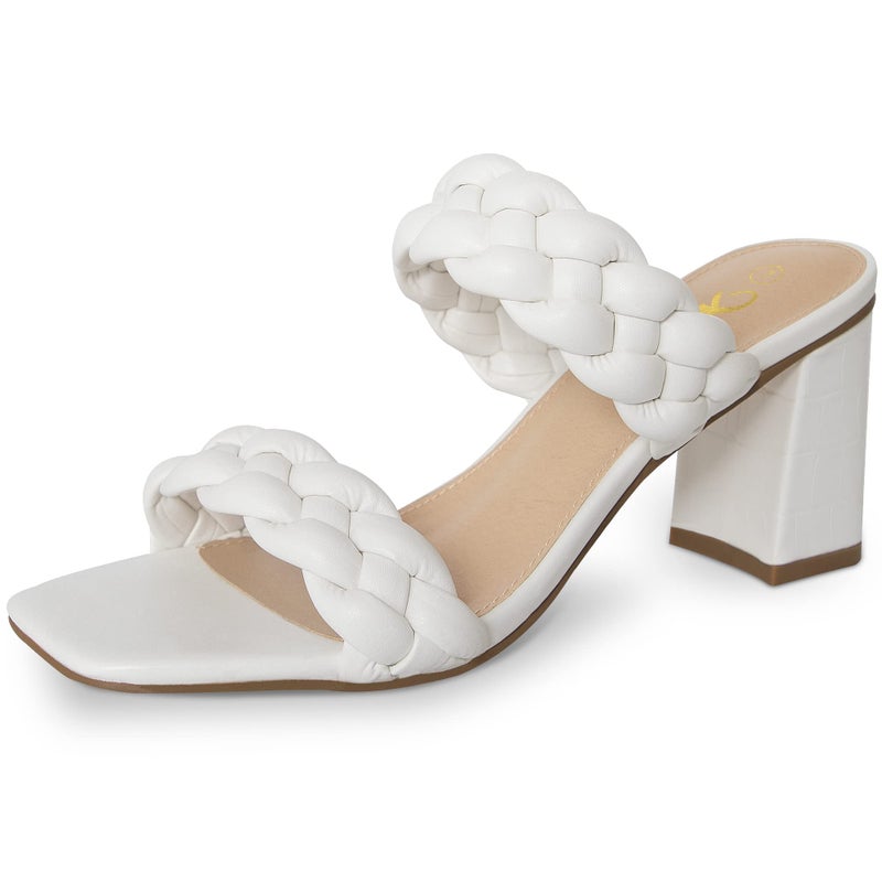 Athlefit Women's Braided Heels Square Toe Strappy Braided Sandals Slides Slip On Woven Block White Heels Size 8 - Image 1