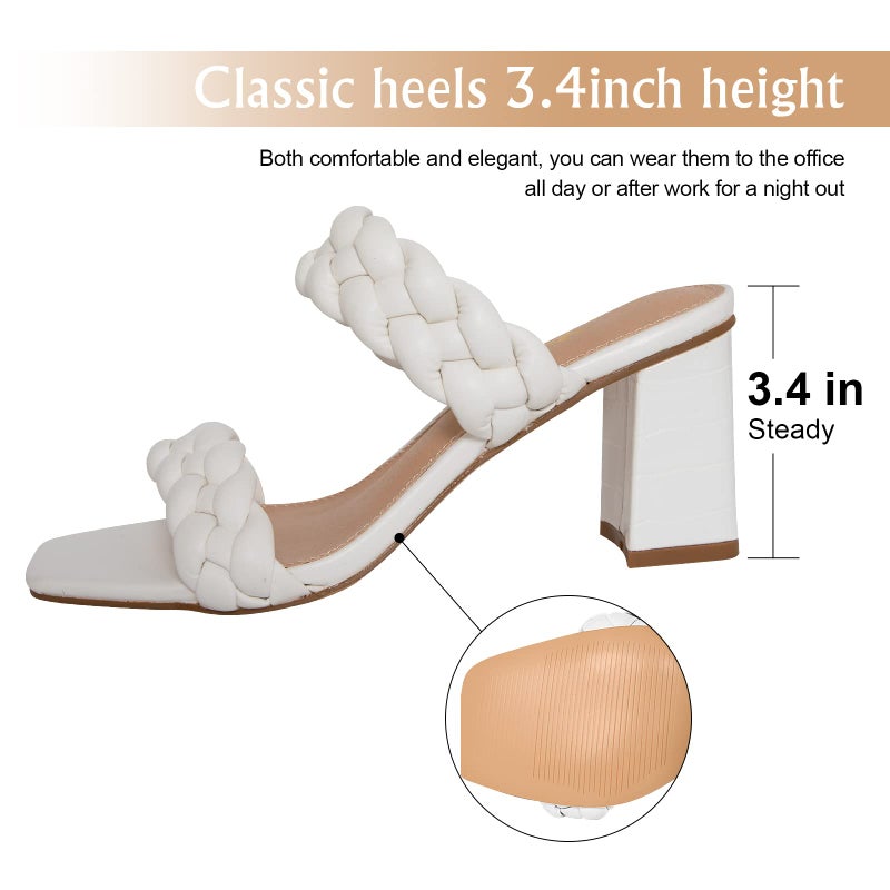 Athlefit Women's Braided Heels Square Toe Strappy Braided Sandals Slides Slip On Woven Block White Heels Size 8 - Image 3