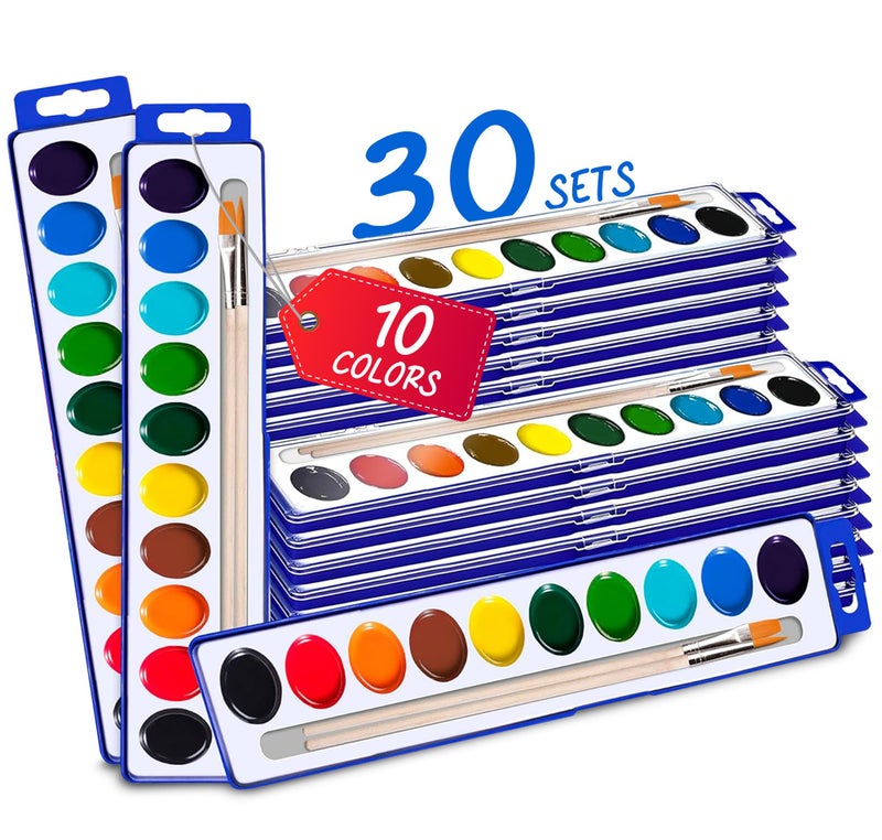 Kiggos 10Color Water Color Paint Sets for Kids 30 Pack Bulk Watercolor Paint Set Washable Acuarelas Watercolor Palette Mini Paint Sets for Kids Party Favor Classroom Water Paint Kit 2 Wood Brushes Included - Image 2