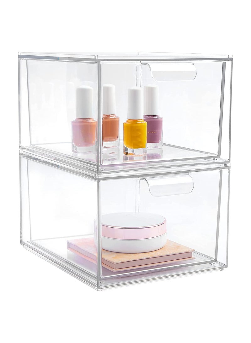 Luckam 2 Pack Stackable Makeup Organizer Storage Drawers 4.4In Tall Acrylic Bathroom Clear Plastic Storage Bins For Vanity Undersink Kitchen Cabinets Pantry Organization - Image 1