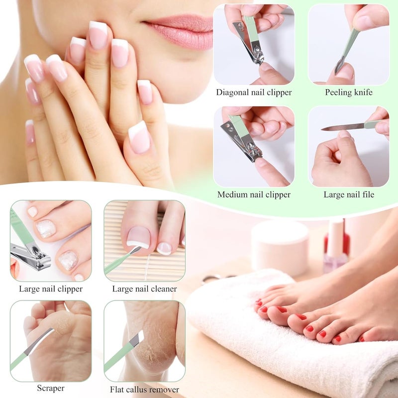 QLNE Manicure Set Pedicure Kit Nail Clippers Set Fingernail Clipper Set Ingrown Toenail Nail Kit Scissor Nail Trimmer Kit 18 Pieces Women and Men’s Care Grooming Tools with Fine Case (Tea Green_18 Pieces) - Image 5