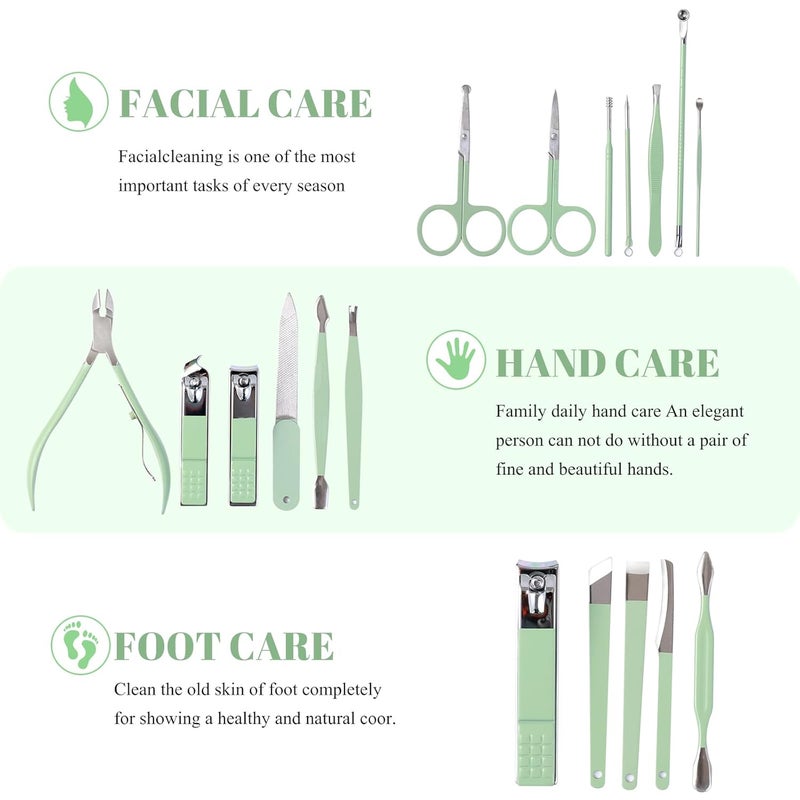 QLNE Manicure Set Pedicure Kit Nail Clippers Set Fingernail Clipper Set Ingrown Toenail Nail Kit Scissor Nail Trimmer Kit 18 Pieces Women and Men’s Care Grooming Tools with Fine Case (Tea Green_18 Pieces) - Image 2